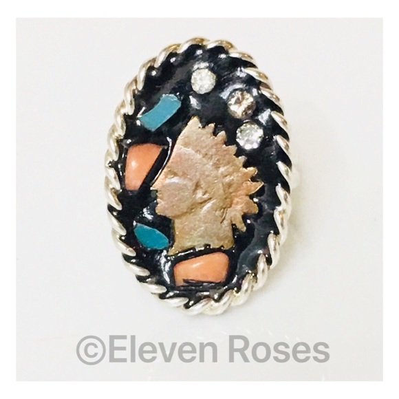 Sterling Silver Turquoise Diamond Indian Head Ring - Picture 1 of 8